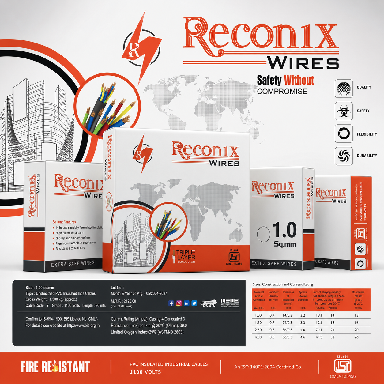 Reconix FR PVC Insulated Industrial Cables (1.0 sq.mm to 6.0 sq.mm, 90y)